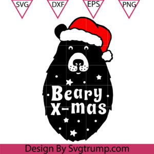 Beary X Mas Christmas Svg, Merry Christmas Svg, Cute Bear With Santa Hat Svg