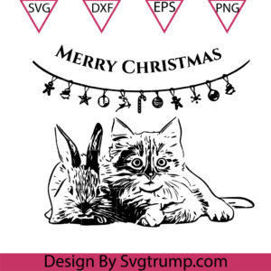 Christmas Rabbit And Kitten Svg, Cat And Rabbit Christmas Svg