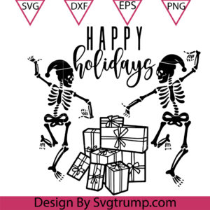 Happy Holidays Christmas Gift Box Svg, Skeleton Christmas Svg, Dancing Skeletons Box Svg