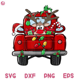 Truck Christmas Light PNG, Funny Rudolph Reindeer On Red Truck Christmas Light Kids PNG