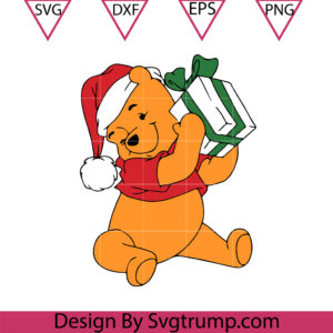 Pooh Christmas Holding a Gift Box Svg, Pooh Winnie Hat Christmas Svg